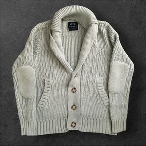 Oakley Shawl Collar Cardigan Mens Small Sweater Gray Chunky Knit Elbow Patch